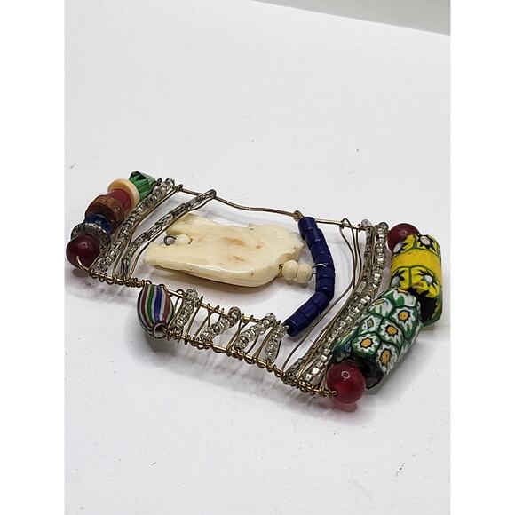 Boho Folk Art Elephant Pendant Mixed Media Beaded Wire Vintage Jewelry Piece - Picture 6 of 11